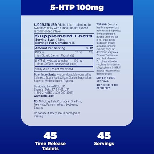 Natrol 5-HTP 100mg, Dietary Supplement Helps Support a Balanced Mood, 90 Time Release Tablets, 22-45 Day Supply