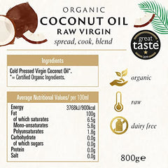 Biona Organic Raw Virgin Coconut Oil, 800g - Made from Certified Organic Cold Pressed Virgin Coconut Oil - For Spreads, Butter Alternatives & Cooking - Dairy Free & Vegan